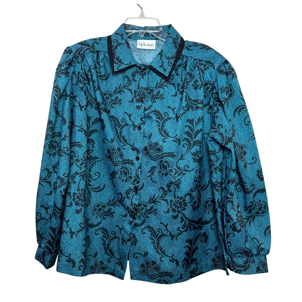 Lady Manhattan Blouse Womens 1X Teal Black Damask Floral Baroque Victorian Siren
